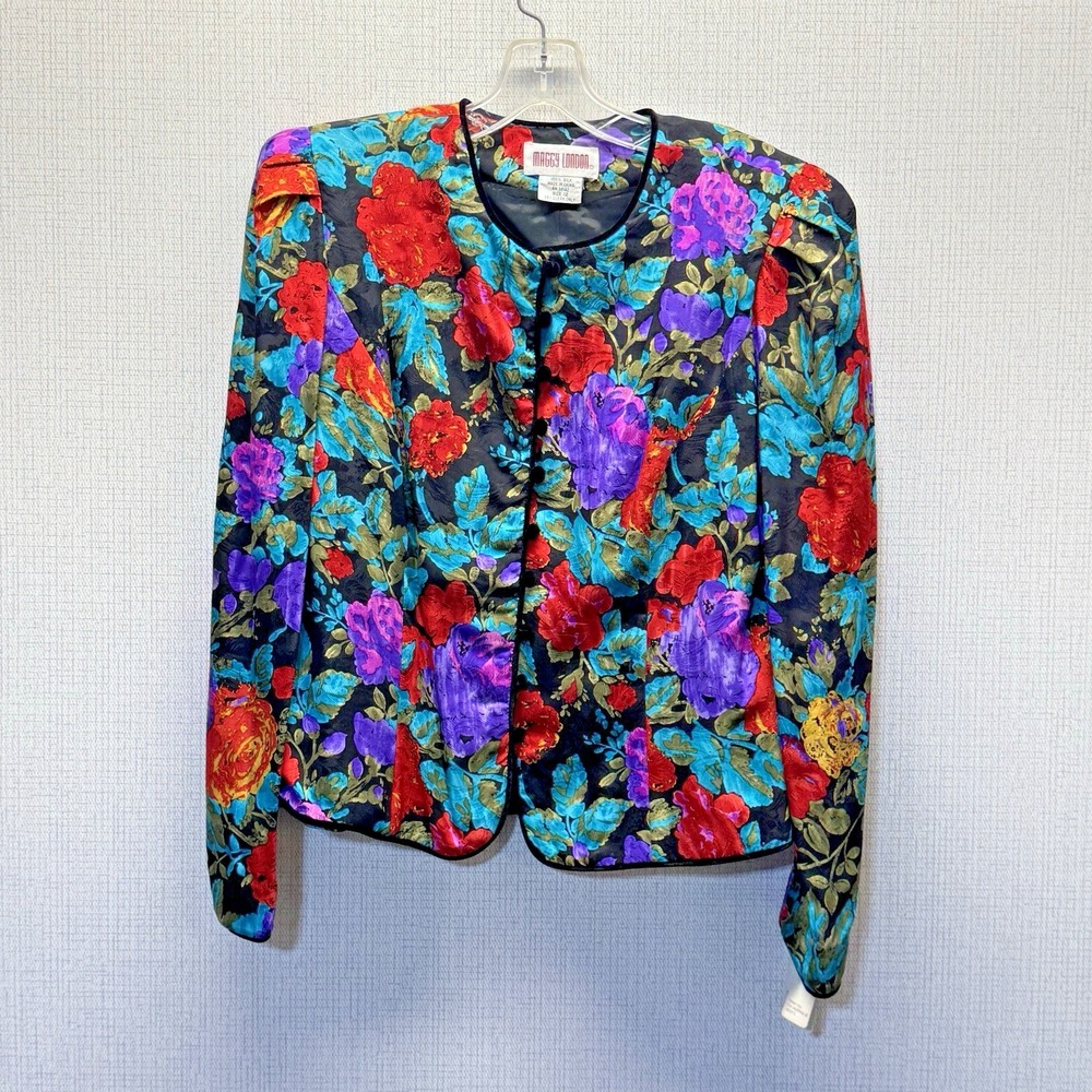 Maggy London Silk Floral Blazer Womens 12 Multicolor Vintage 80s Retro Velvet